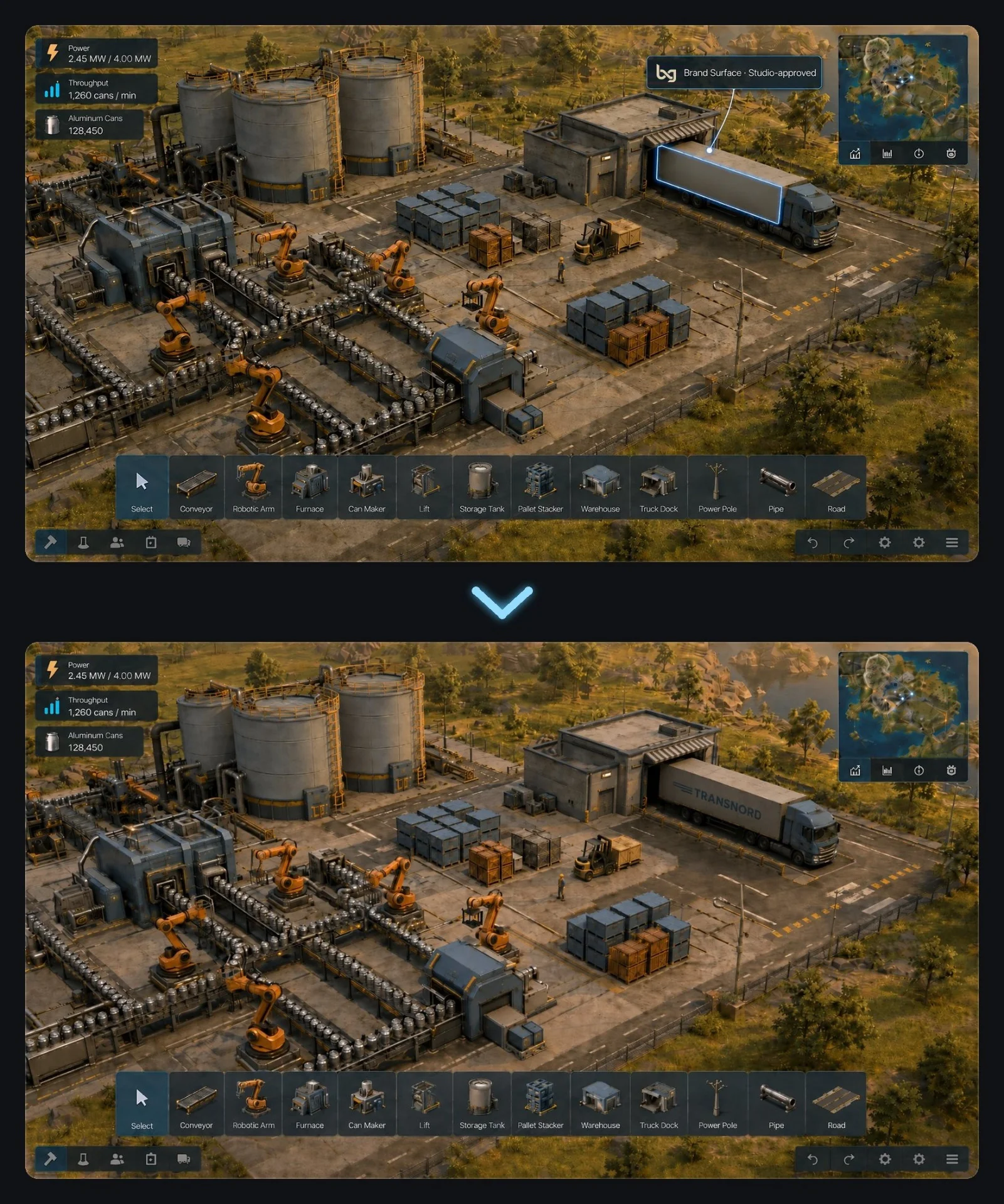 Before / after placement — Factory Sim