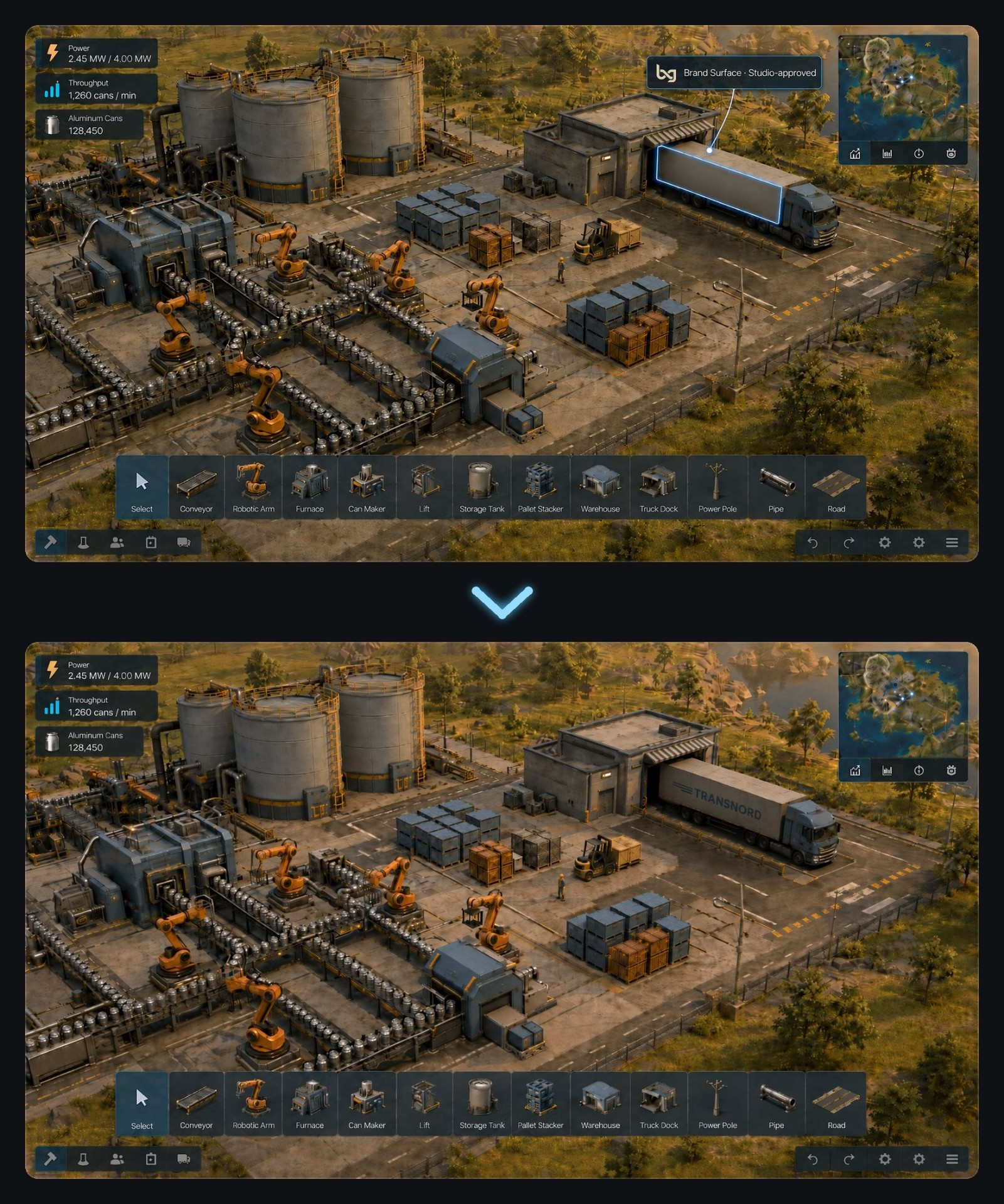 Before / after placement — Factory Sim
