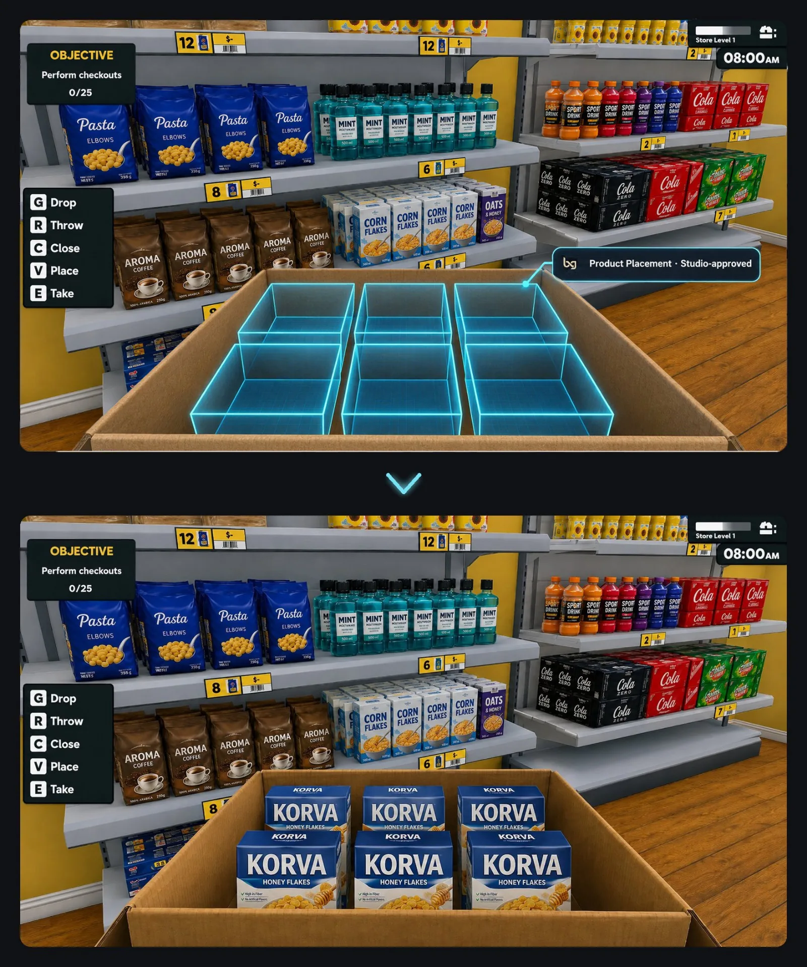 Before / after placement — Supermarket Sim
