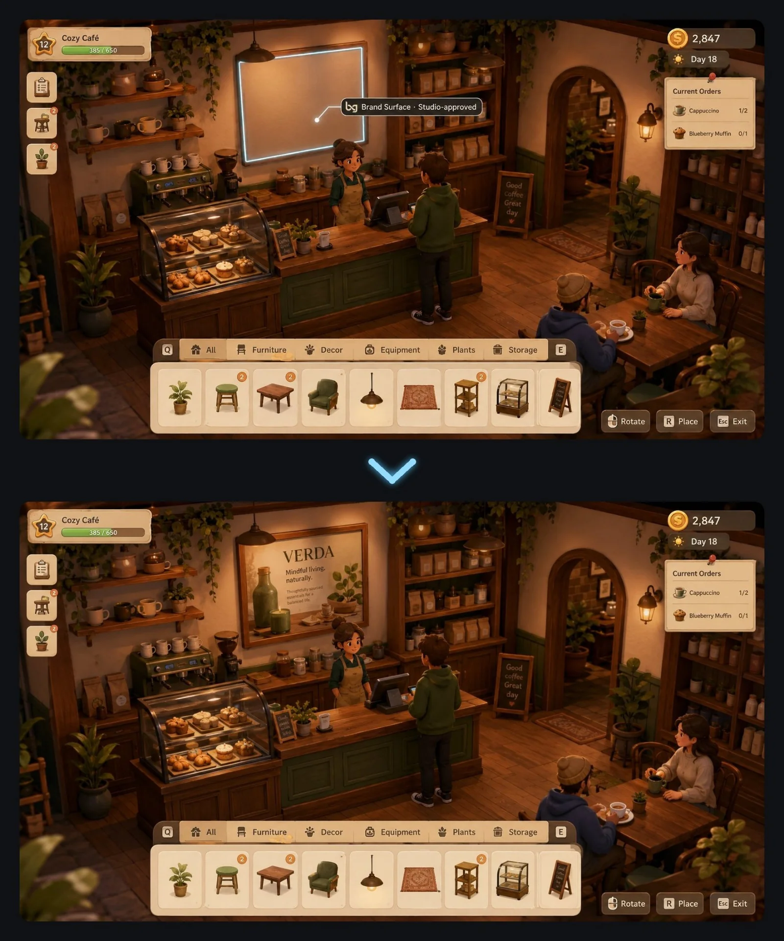 Before / after placement — Cosy Sim